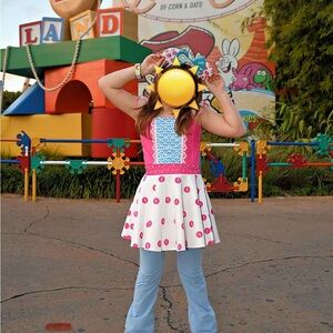 Pink and Blue Polka Dot Dress with Light Blue Pants bo peep inspired